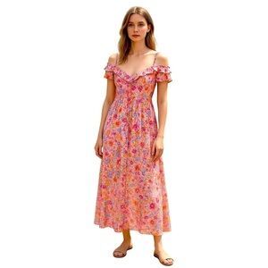 Floral Maxi Dress Sz M Pink Colorful Cotton Ruffle Neckline Boho Prairie